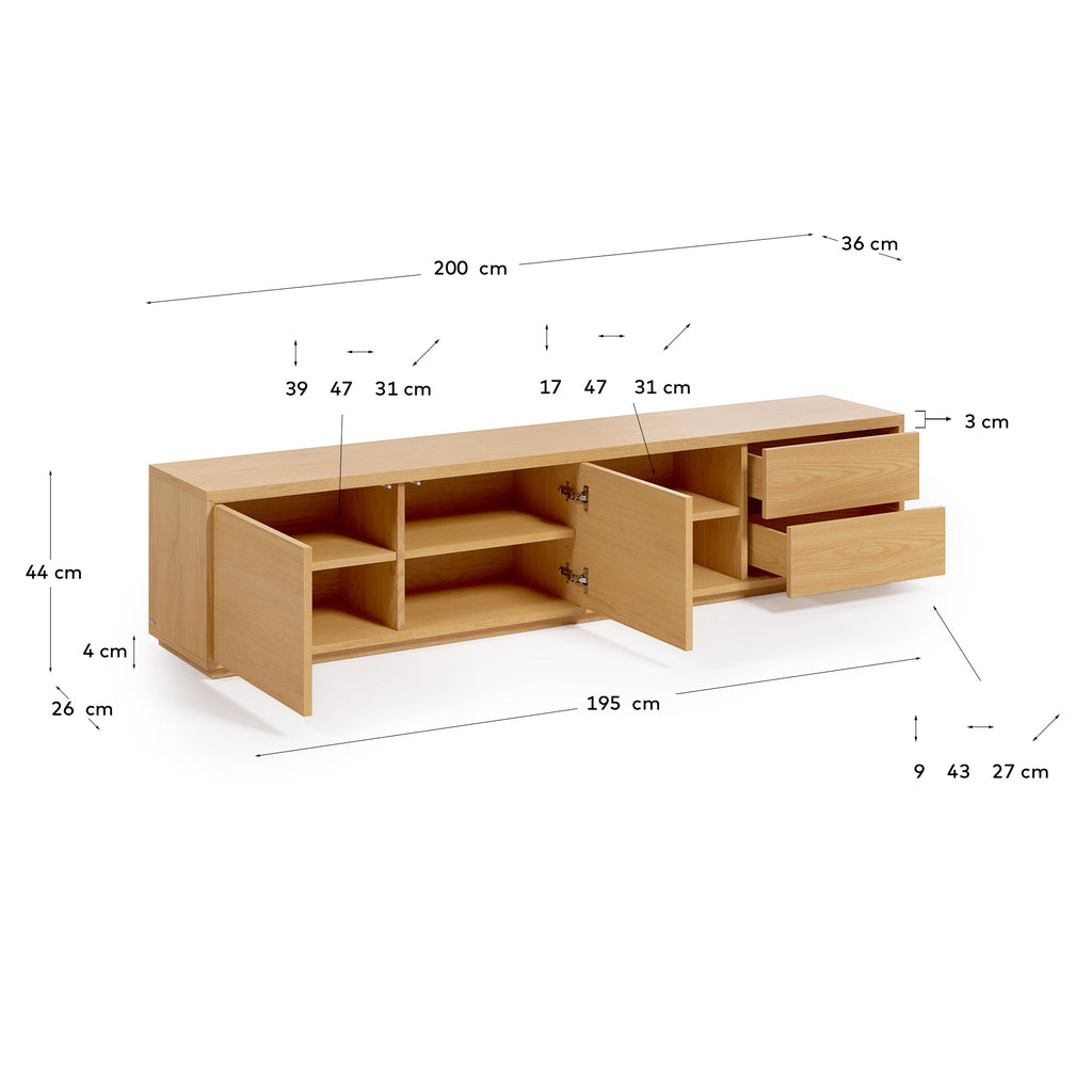 Meuble TV Abilen 2 portes et 2 tiroirs placage de chêne 200 x 44 cm FSC 100%