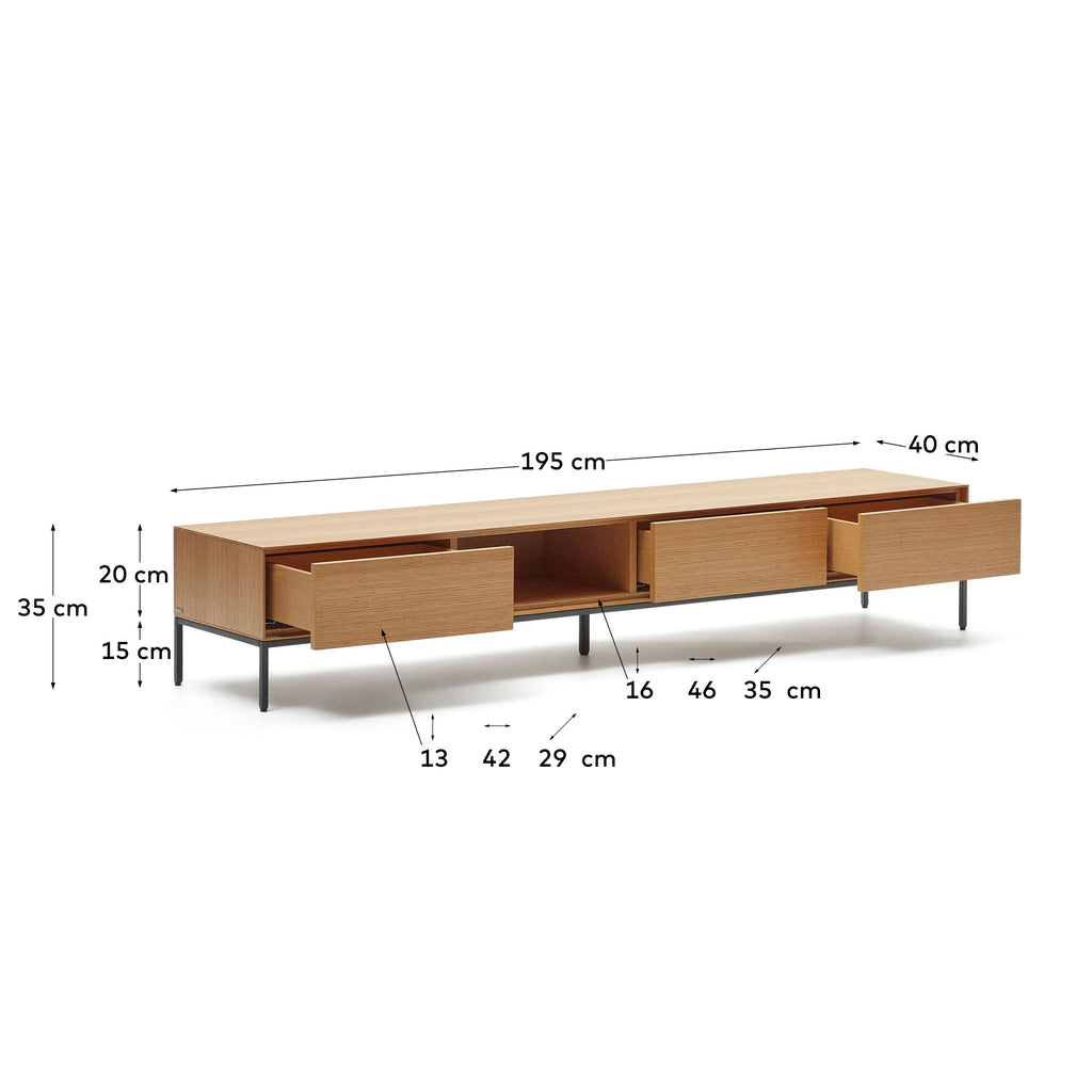 Meuble TV Vedrana 3 tiroirs placage de chêne et pieds en acier noir 195 x 35 cm