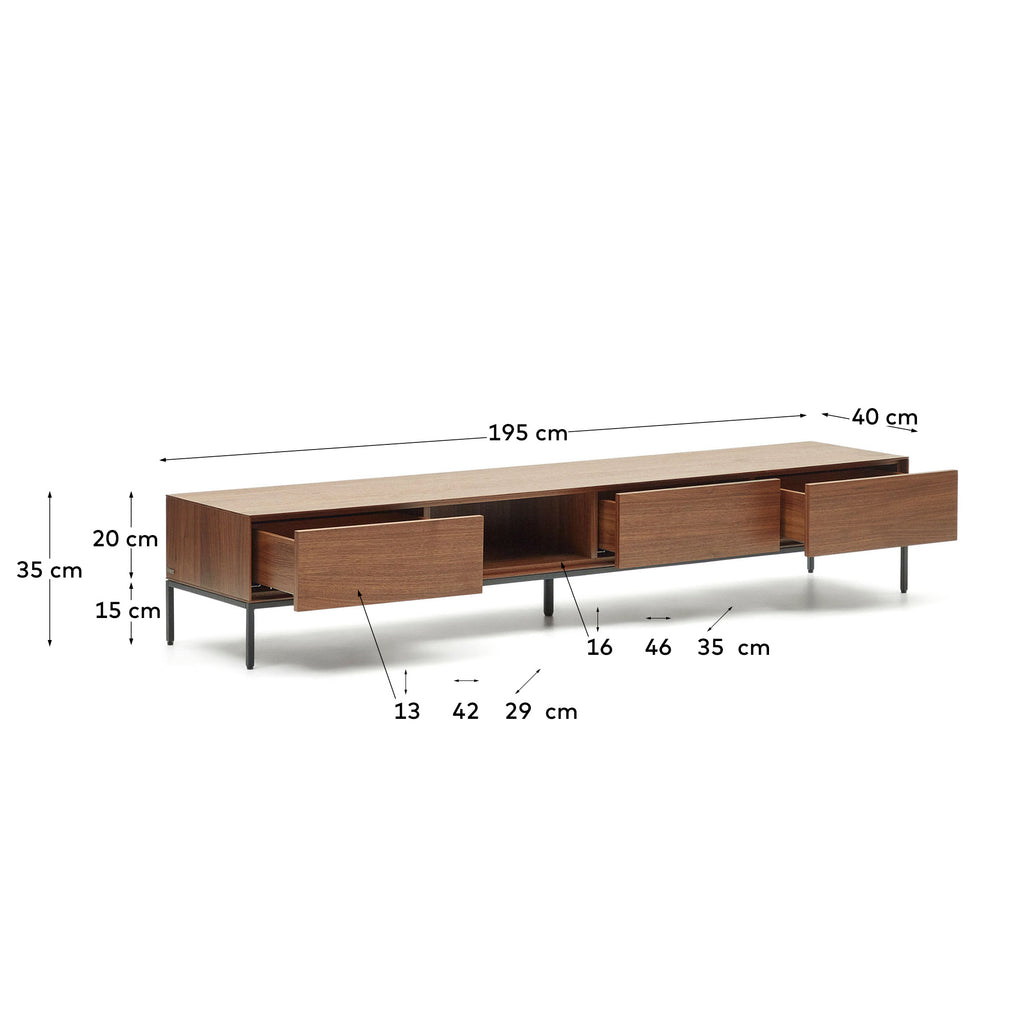 Meuble TV Vedrana 3 tiroirs placage de noyer et pieds en acier noir 195 x 35 cm