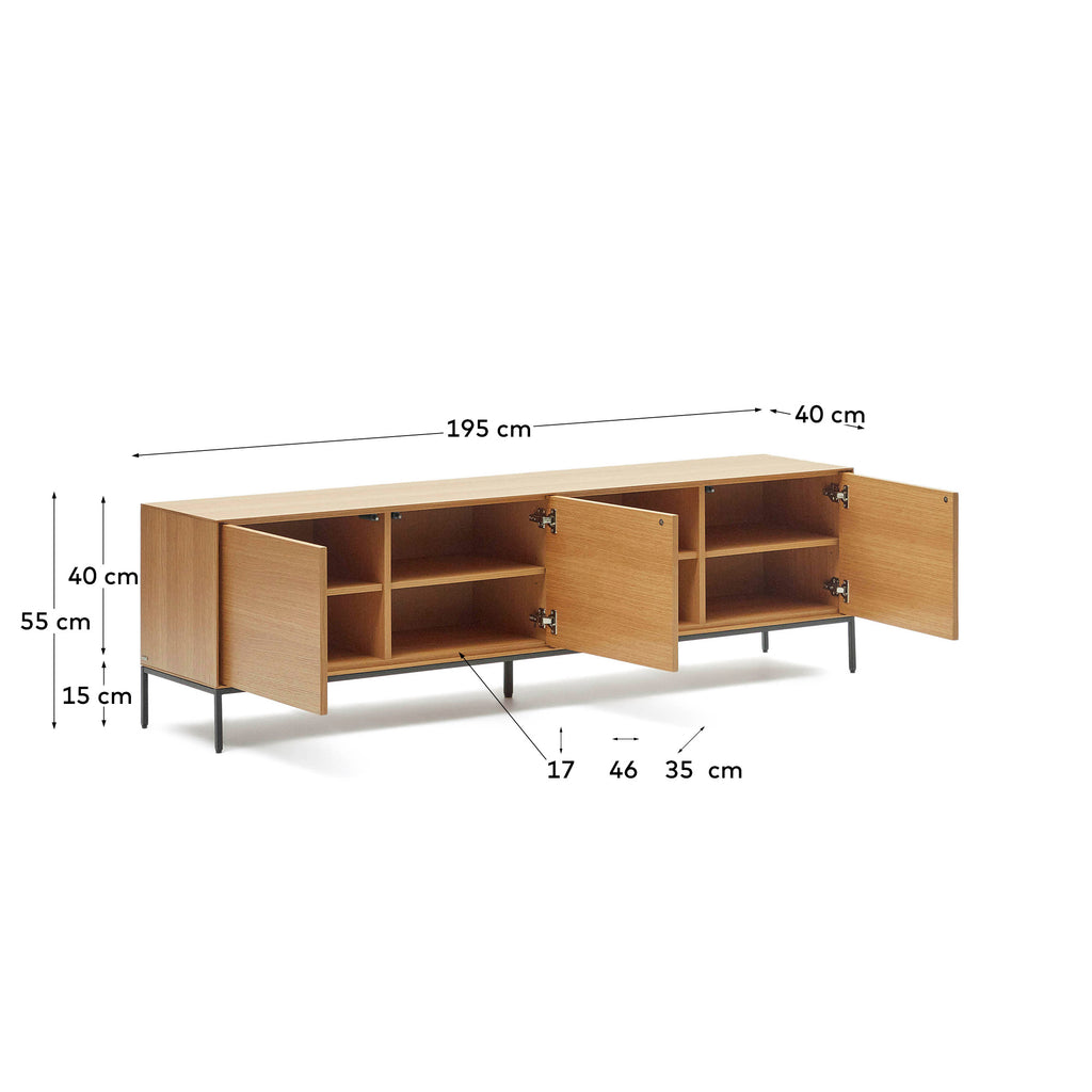 Meuble TV Vedrana 3 portes placage de chêne et pieds en acier noir 195 x 55 cm