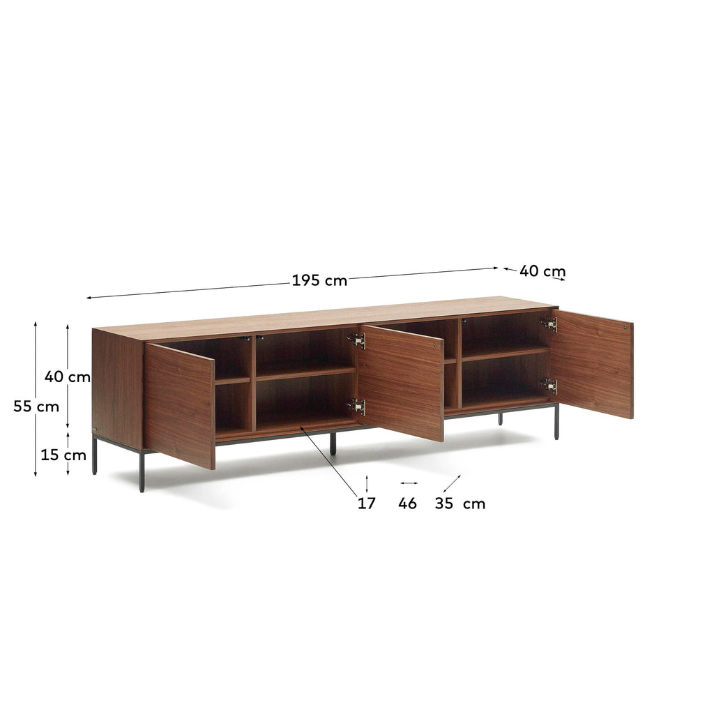Meuble TV Vedrana 3 portes placage de noyer et pieds en acier noir 195 x 55 cm