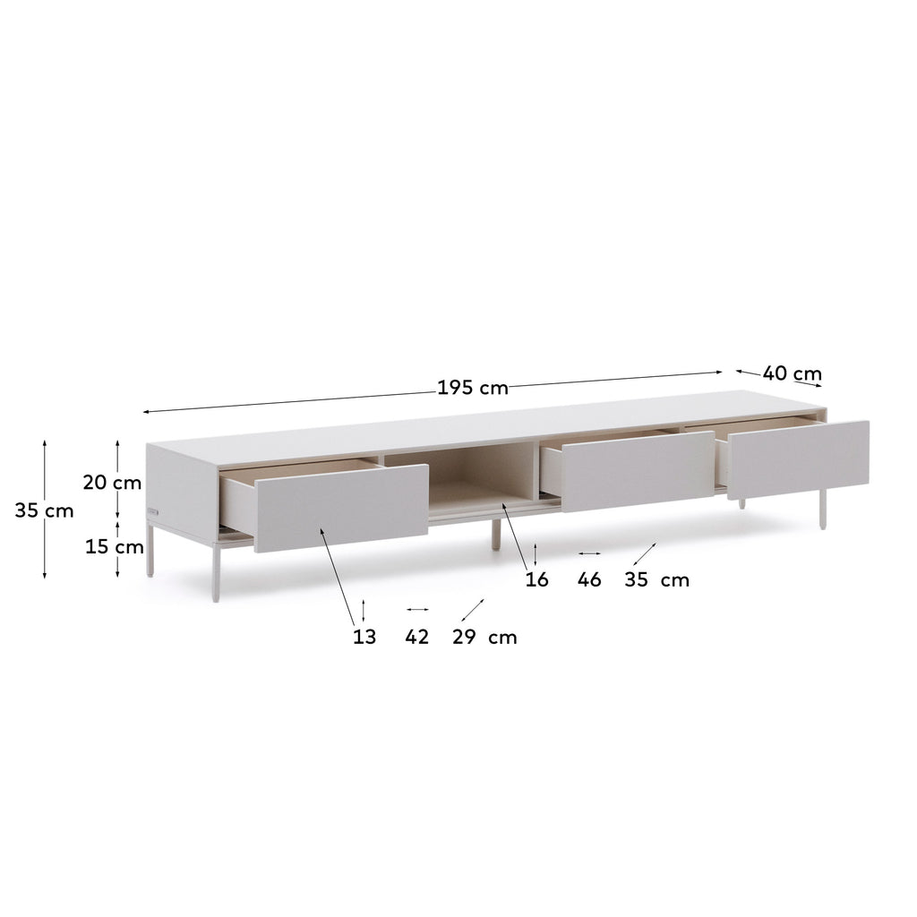 Meuble de TV Vedrana 3 tiroirs DM laqué blanc 195 x 35 cm