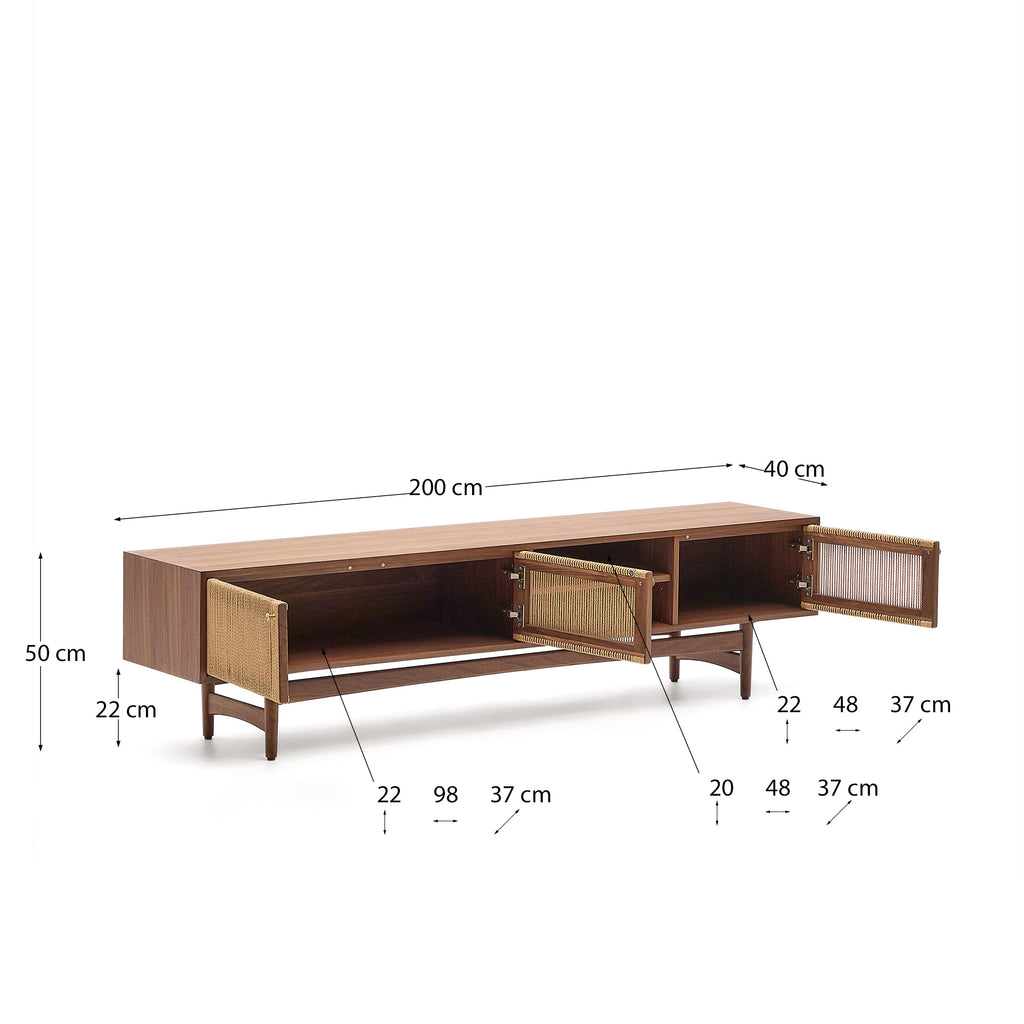 Meuble TV Elan 3 portes en placage et bois de noyer et corde 200 x 50 cm FSC 100 %