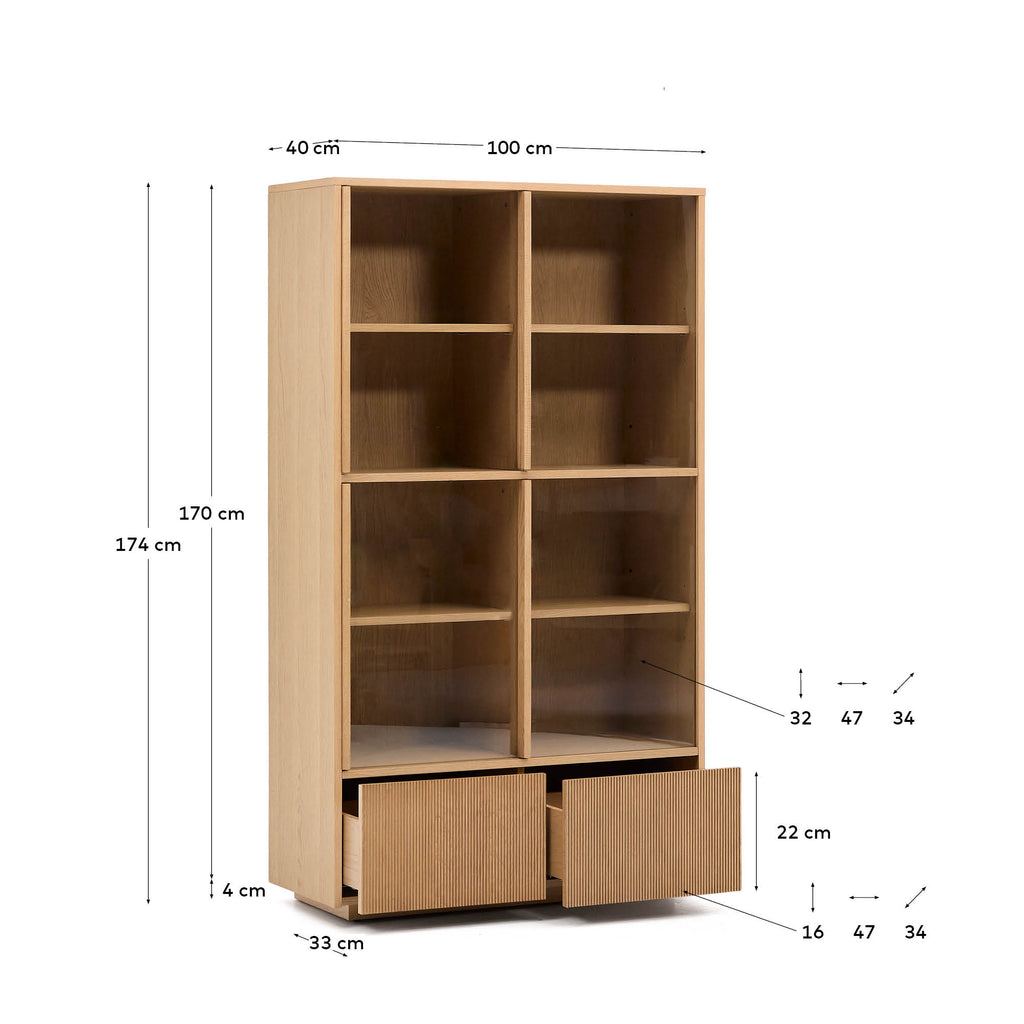 Vitrine Helvine 4 portes et 2 tiroirs placage de chêne et verre trempé 100 x 174 cm FSC 100 %