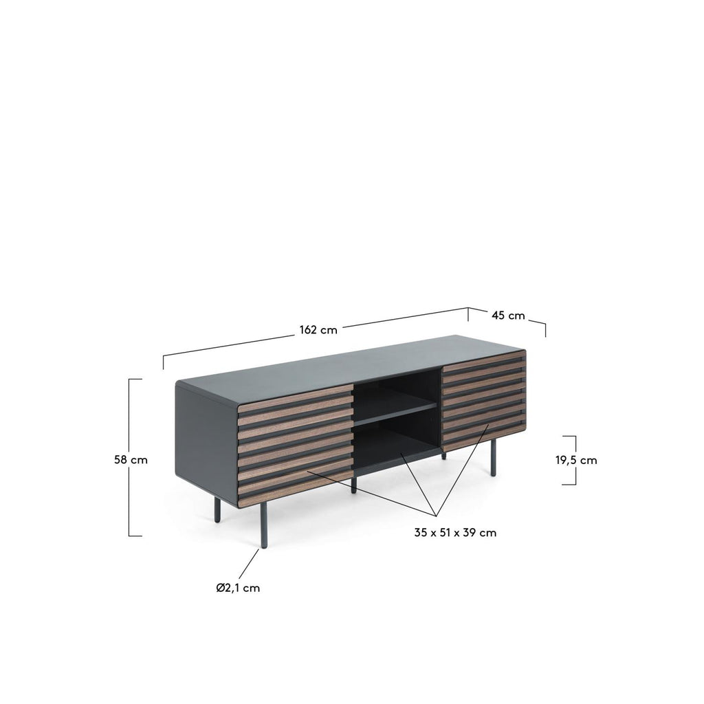 Meuble TV Kesia 2 portes placage de noyer laqué noir et acier finition noire 162 x 58 cm