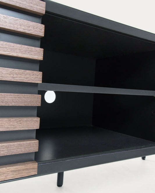 Meuble TV Kesia 2 portes placage de noyer laqué noir et acier finition noire 162 x 58 cm