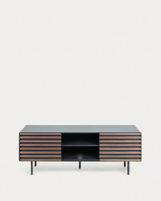 Meuble TV Kesia 2 portes placage de noyer laqué noir et acier finition noire 162 x 58 cm