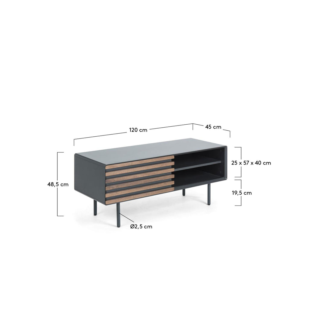 Meuble TV Kesia 1 porte placage de noyer laqué noir et acier finition noire 120 x 48,5 cm