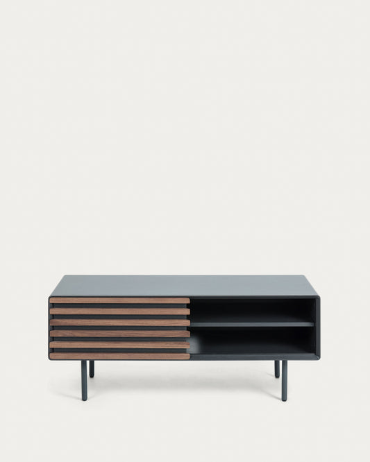 Meuble TV Kesia 1 porte placage de noyer laqué noir et acier finition noire 120 x 48,5 cm