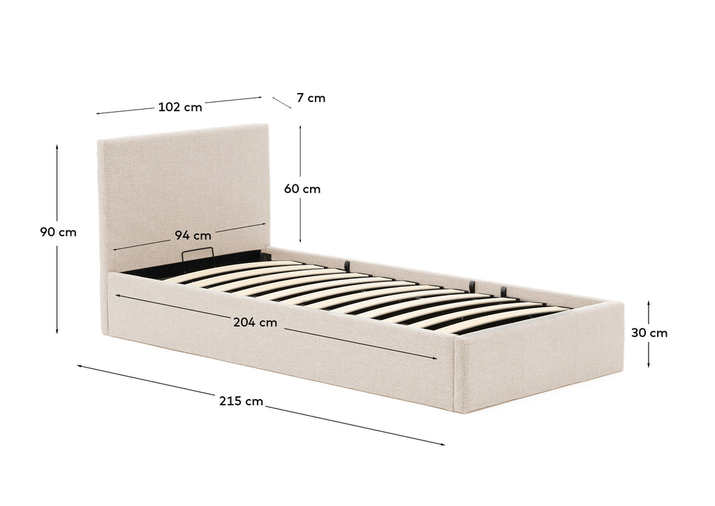 Lit Nahiri en chenille beige avec coffre relevable pour matelas de 90 x 200 cm