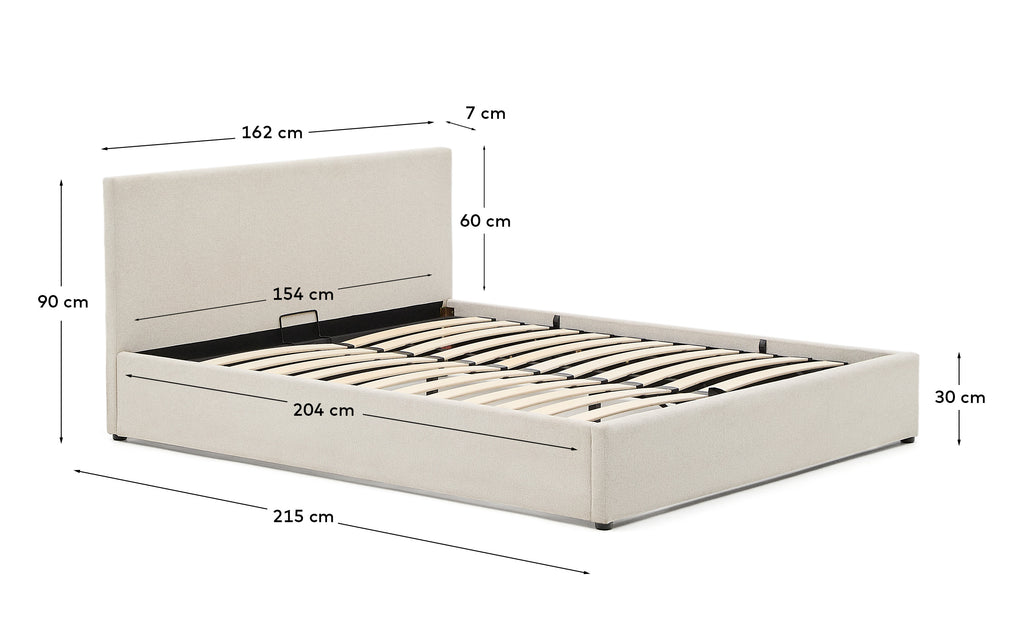 Lit Nahiri en chenille beige avec coffre relevable pour matelas de 150 x 200 cm