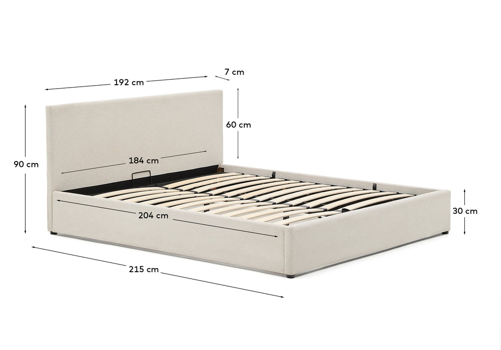 Lit Nahiri en chenille beige avec coffre relevable pour matelas de 180 x 200 cm