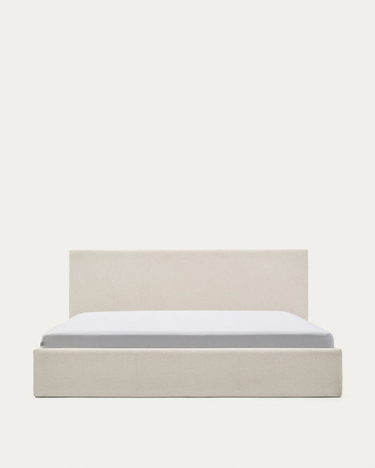 Lit Nahiri en chenille beige avec coffre relevable pour matelas de 180 x 200 cm
