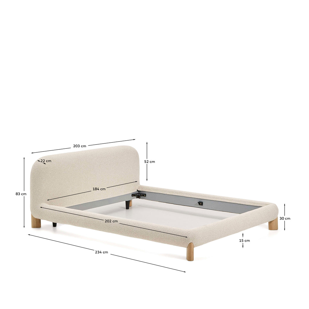 Lit déhoussable Odina en tissu bouclette écrue et pieds en bois de frêne avec finition ton naturel pour matelas de 180 x 200 cm
