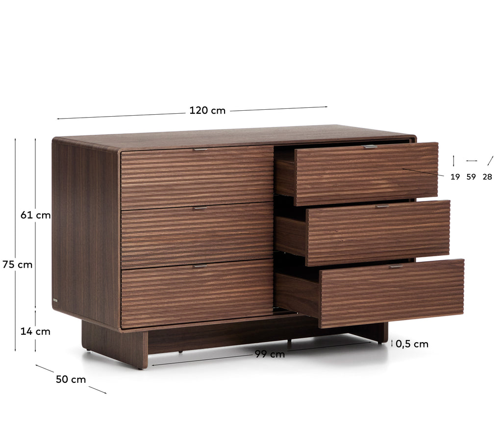 Commode Norlen 6 tiroirs en placage de noyer FSC Mix Credit 120 x 75 cm