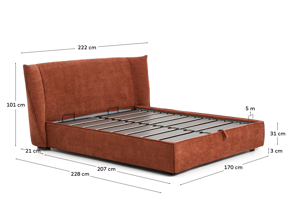 Lit déhoussable Arvian en chenille terracotta avec coffre relevable pour matelas de 160 x 200 cm