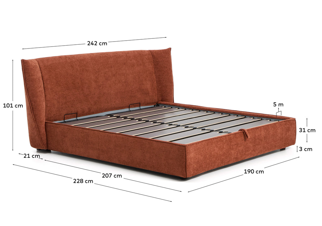 Lit déhoussable Arvian en chenille terracotta avec coffre relevable pour matelas de 180 x 200 cm