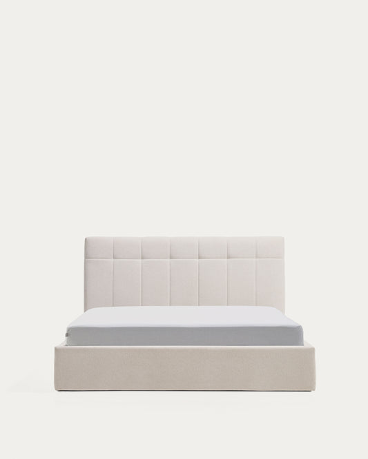 Lit avec sommier coffre Darnela en chenille écrue pour matelas de 150 x 200 cm