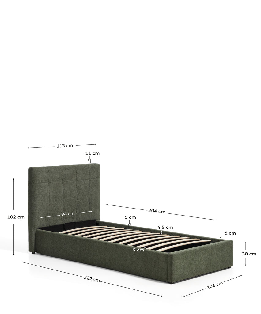 Lit avec sommier coffre Darnela en chenille vert mousse pour matelas de 90 x 200 cm