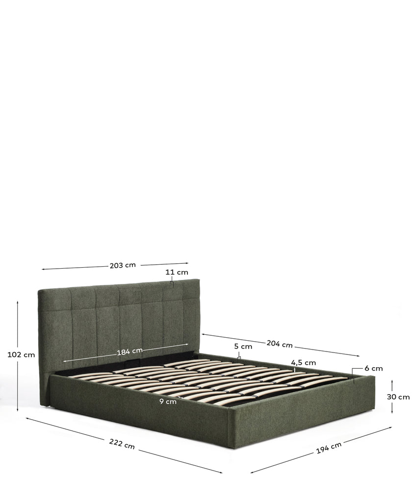 Lit avec sommier coffre Darnela en chenille vert mousse pour matelas de 180 x 200 cm