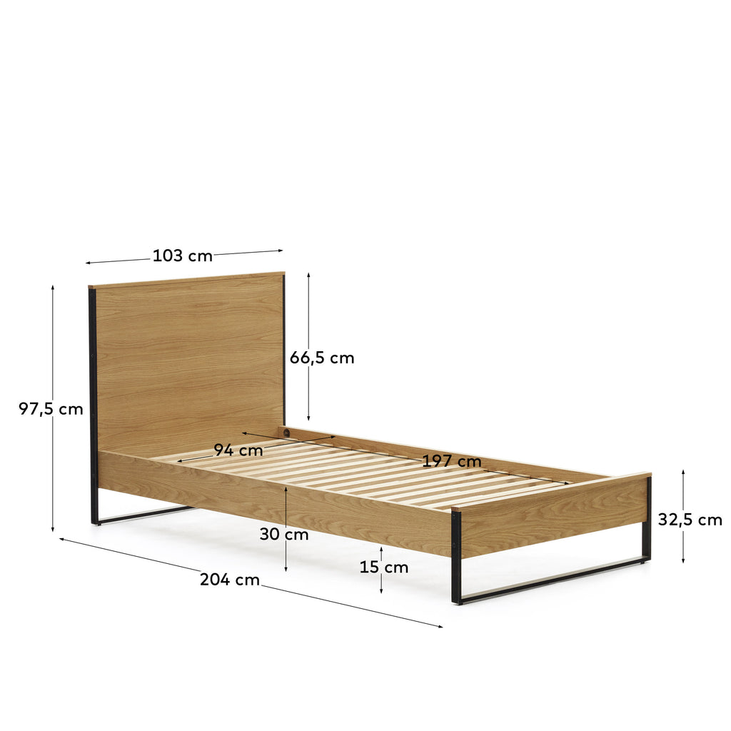Lit Taiana en placage de chêne et pieds en acier finition noire 90 x 190 cm