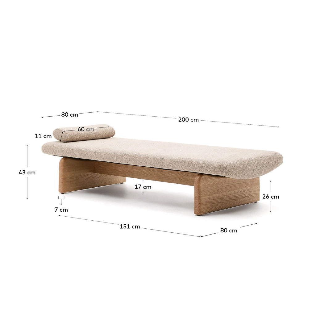 Méridienne Topaz en tissu chenille beige et bois de frêne finition naturelle 200 cm FSC 100%