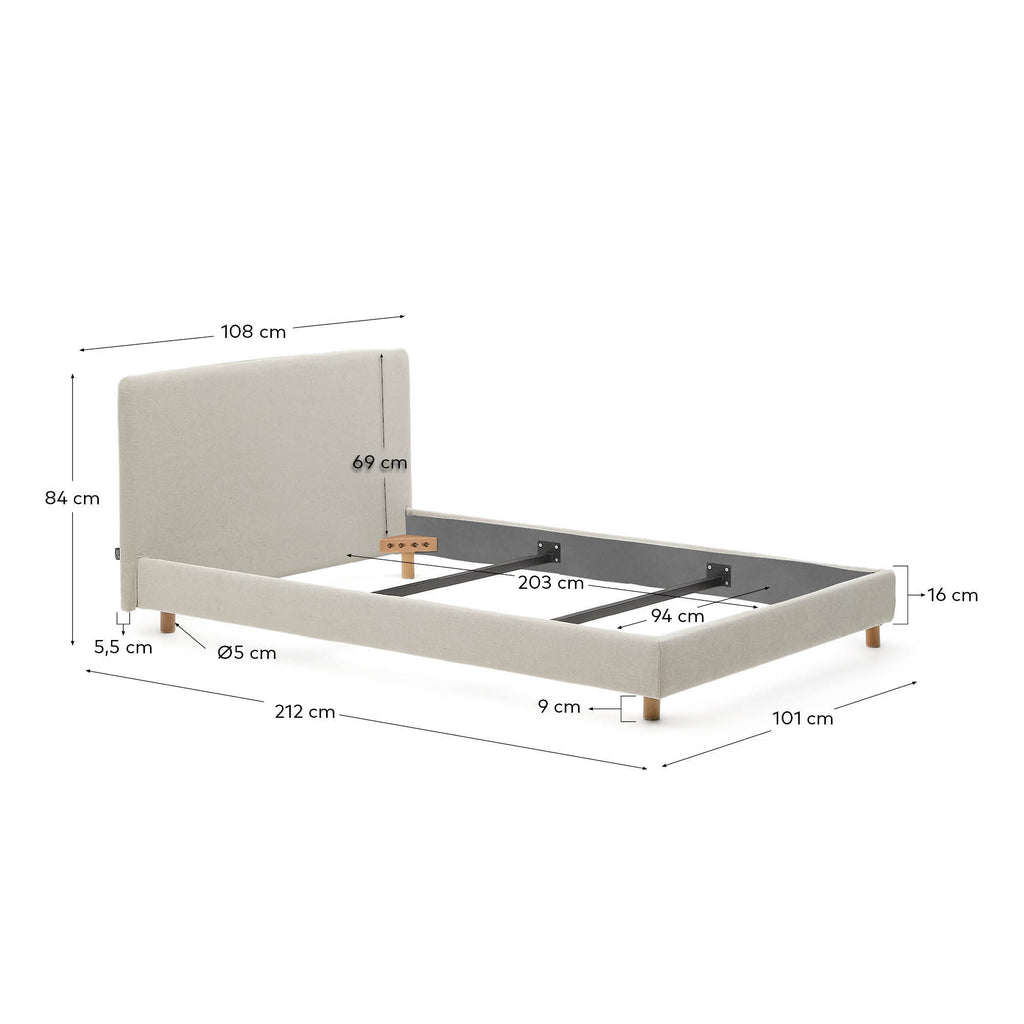 Cadre de lit déhoussable Valma en tissu chenille perle avec pieds en bois de hêtre pour lit de 90 x 200 cm.