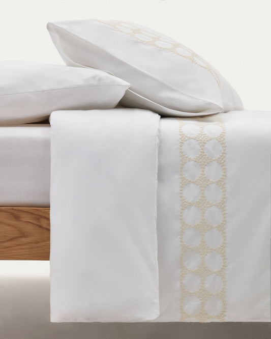 Set Teia housse couette, taies oreiller percale de coton blanc broderie fleurs 90x190 cm