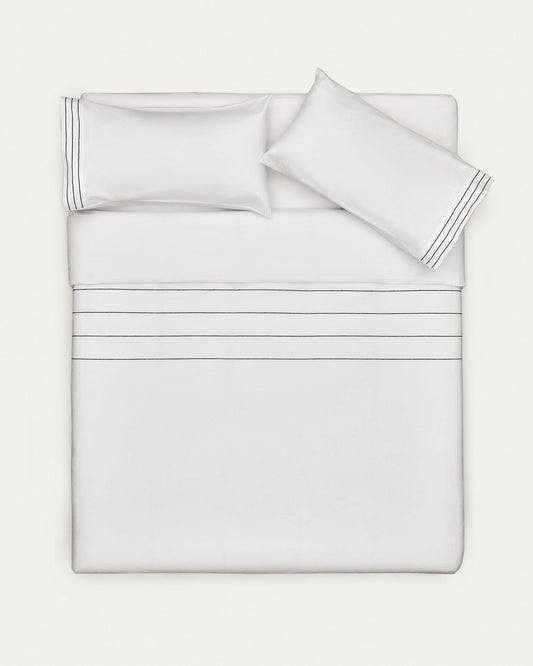 Set Cintia housse couette, taies oreiller percale de coton blanc rayures brodées 135x200cm