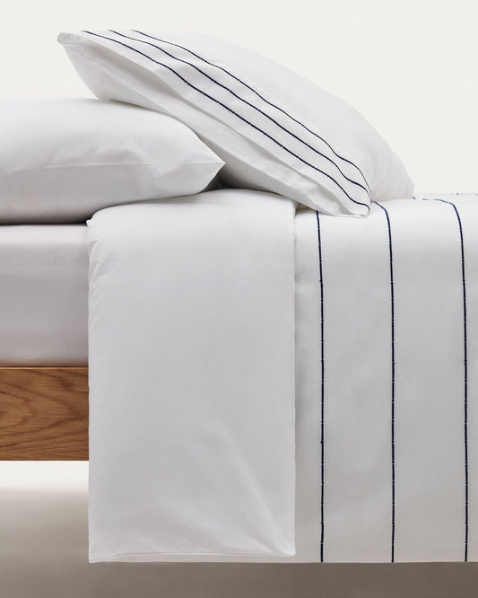 Set Cintia housse couette, taies oreiller percale de coton blanc rayures brodées 180x200cm