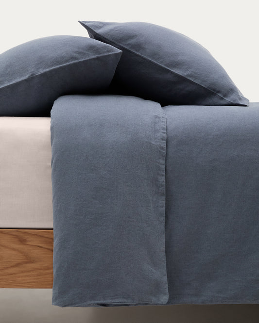 Ensemble Simmel housse de couette et taie d’oreiller en coton et lin couleur bleue pour lit 90 cm