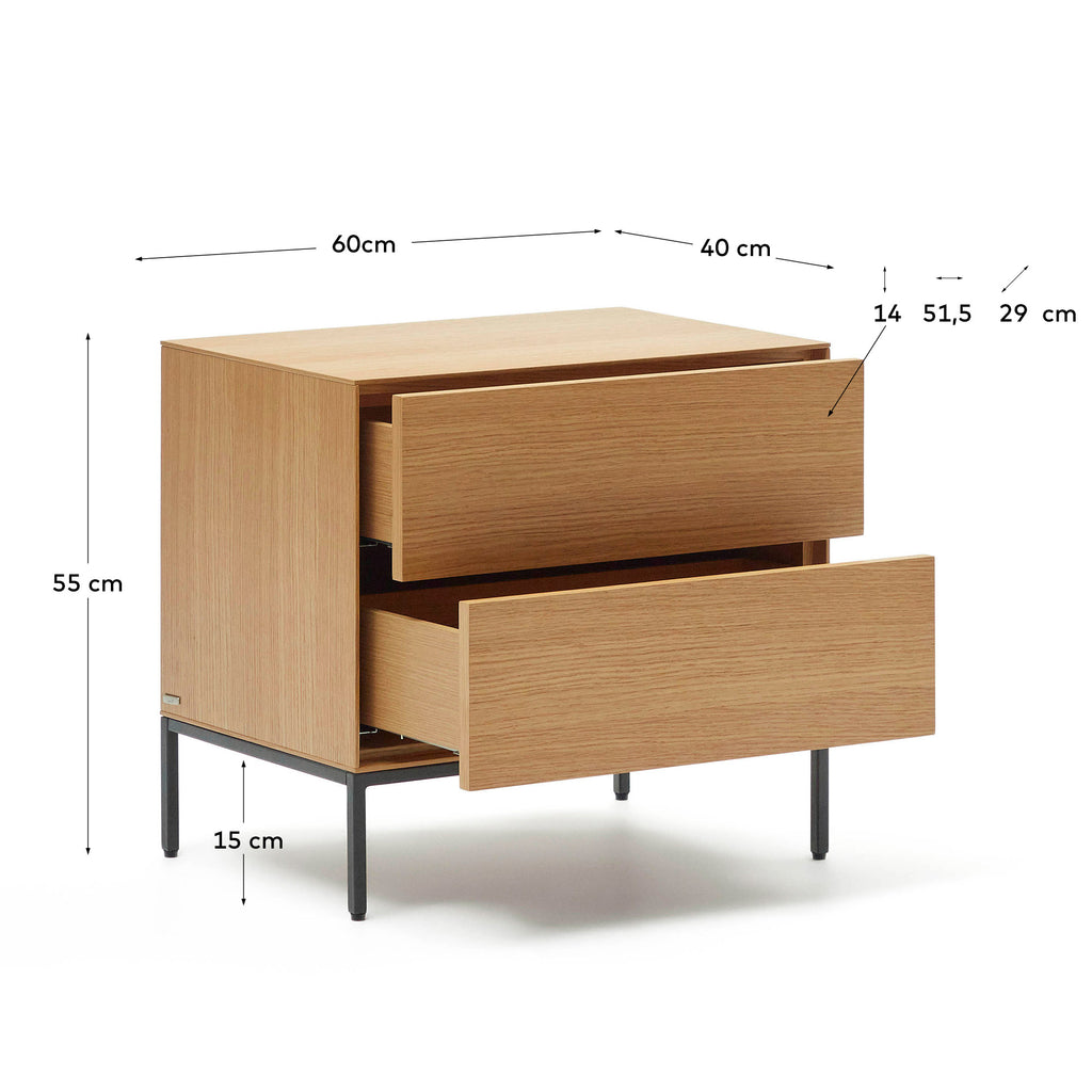 Table de chevet Vedrana 2 tiroirs placage de chêne et pieds en acier noir 60 x 55 cm