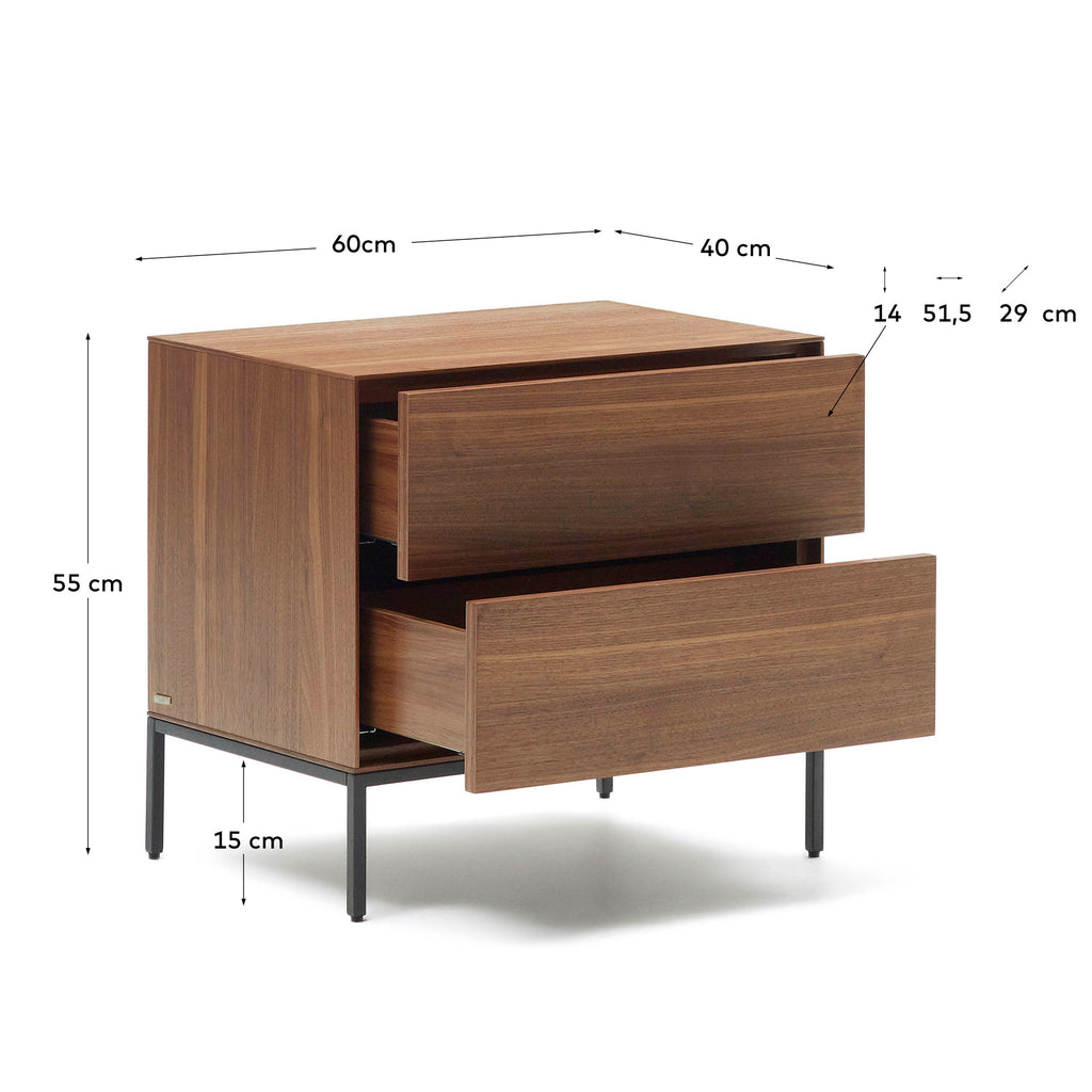 Table de chevet Vedrana 2 tiroirs placage de noyer et pieds en acier noir 60 x 55 cm