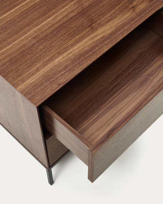 Table de chevet Vedrana 2 tiroirs placage de noyer et pieds en acier noir 60 x 55 cm