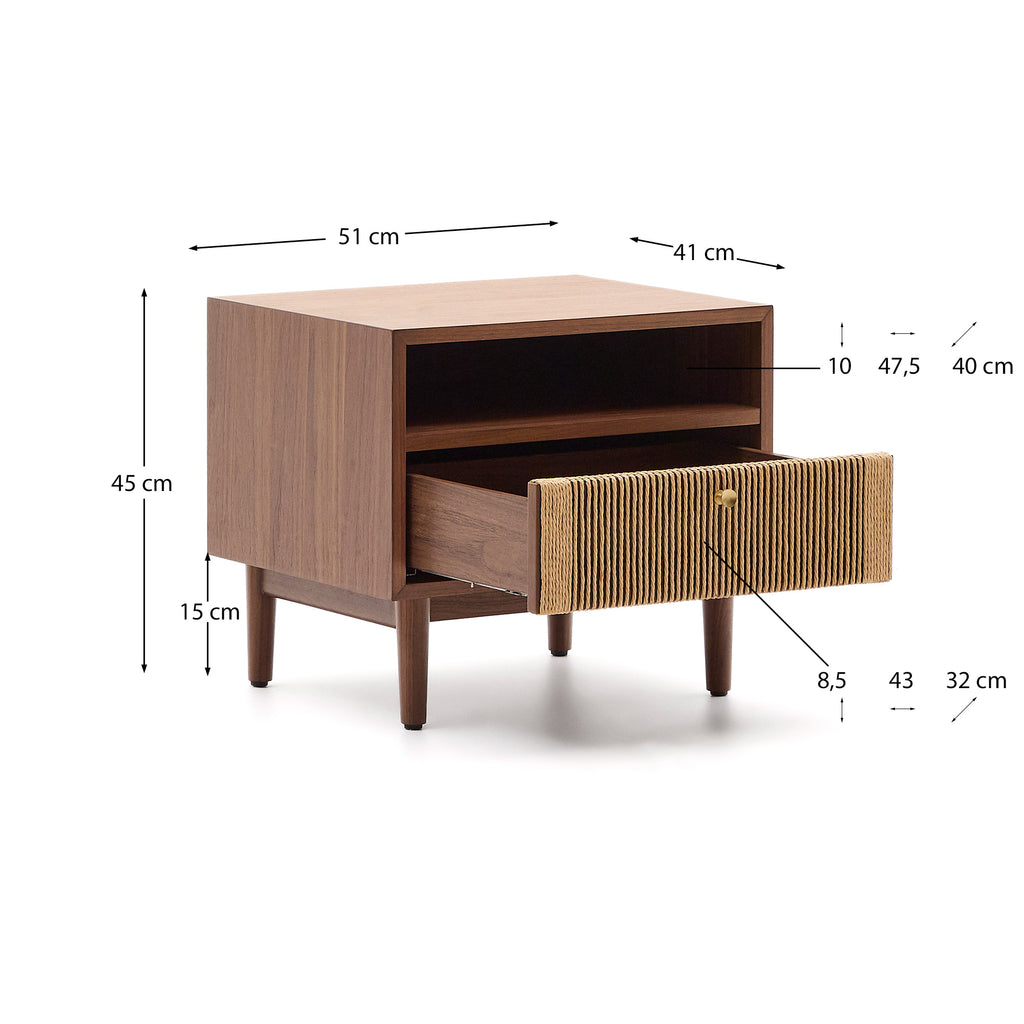 Table de nuit Elan en placage et bois de noyer avec corde 51x45cm FSC 100 %