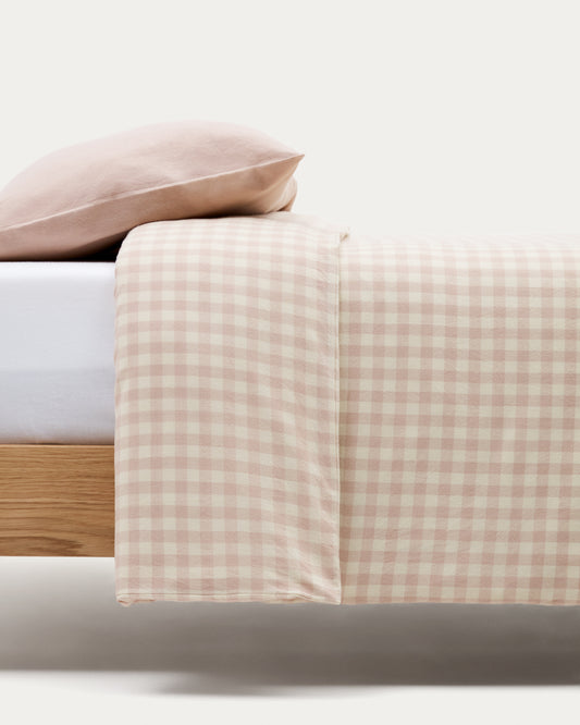 Set Yanil housse de couette, drap-housse et taie d'oreiller 100% coton carreaux rose et beige 60x120cm