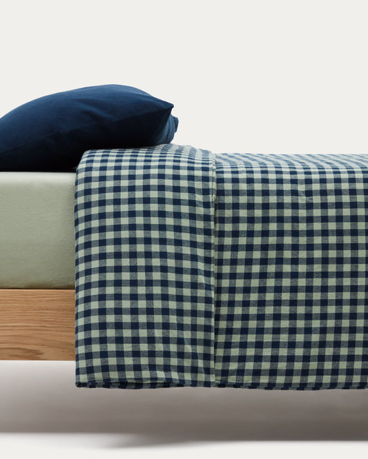 Set Yanil housse de couette, drap-housse et taie d'oreiller 100% coton carreaux vert et bleu 60x120cm