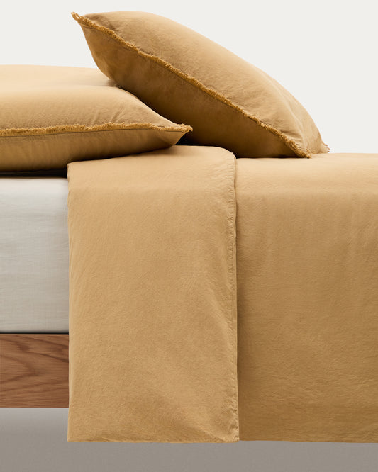 Ensemble Sifinia housse de couette et taies d’oreiller 100 % en percale de coton franges couleur moutarde lit 150 cm