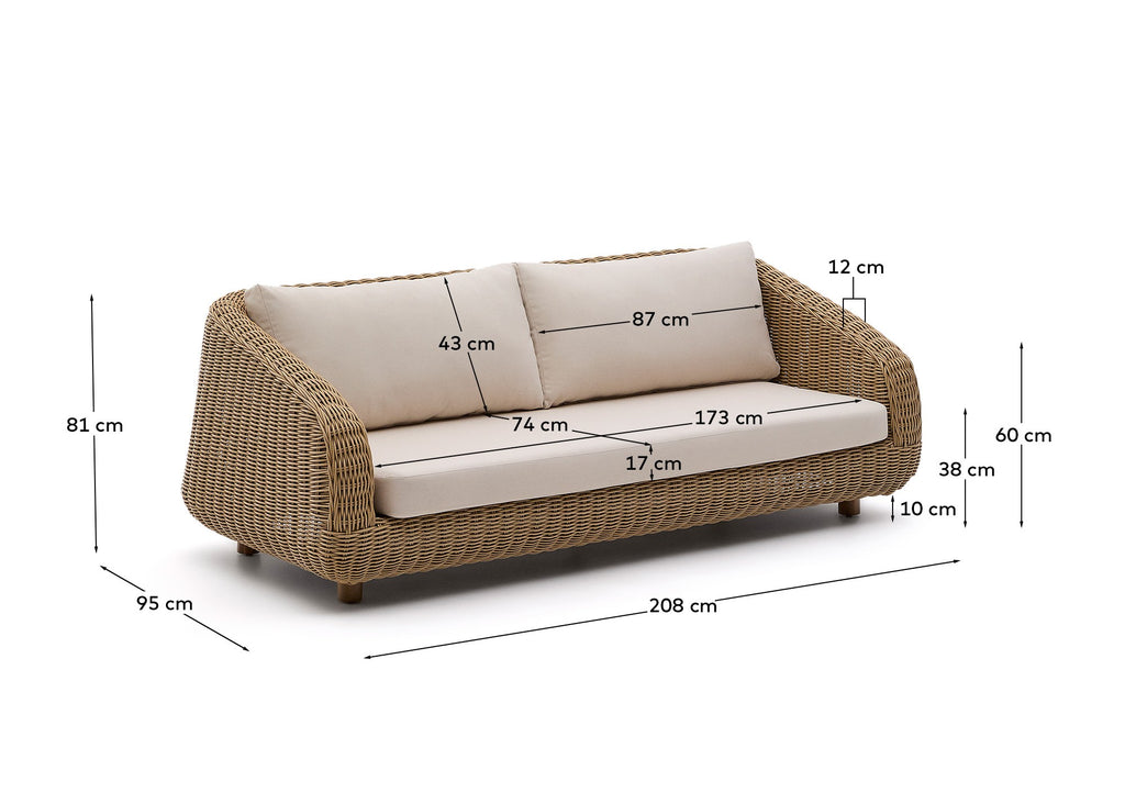 Canapé Meria 3 places en rotin synthétique et pieds en bois d’acacia FSC 100 % 208 cm