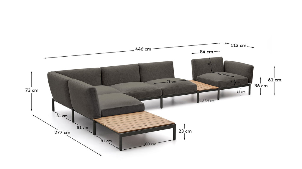 Canapé d’angle modulable d'extérieur Sorells 5 places revêtement gris et aluminium gris accompagné de tables en teck 277 x 446 cm FSC 100 %