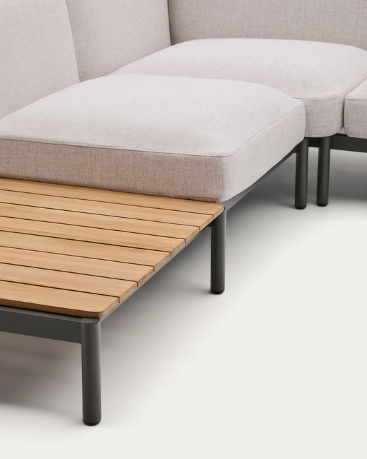 Canapé d’angle modulable d'extérieur Sorells 5 places revêtement beige et aluminium gris accompagné de tables en teck 277 x 446 cm FSC 100 %