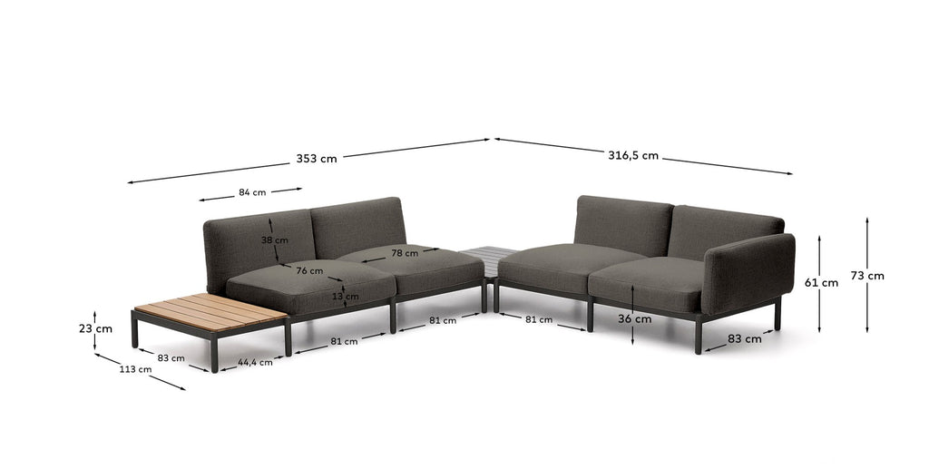 Canapé d’angle modulable d'extérieur Sorells 4 places revêtement gris et aluminium gris accompagné d’une table en teck 353 x 316,5 cm FSC 100 %