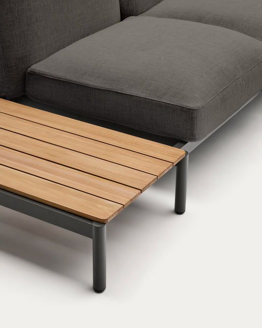 Canapé d’angle modulable d'extérieur Sorells 4 places revêtement gris et aluminium gris accompagné d’une table en teck 353 x 316,5 cm FSC 100 %