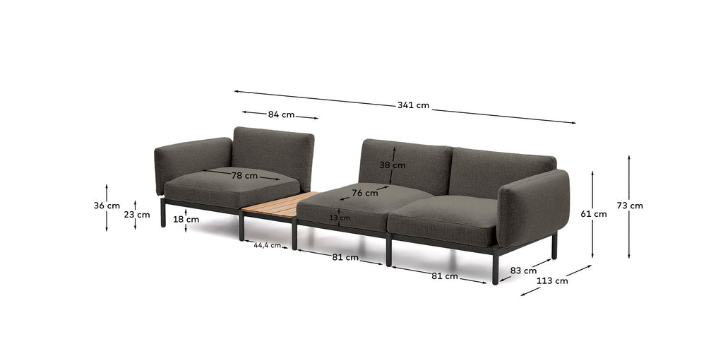 Canapé modulable d'extérieur Sorells 3 places revêtement gris et aluminium gris accompagné d’une table en teck 341 x 113 cm FSC 100 %