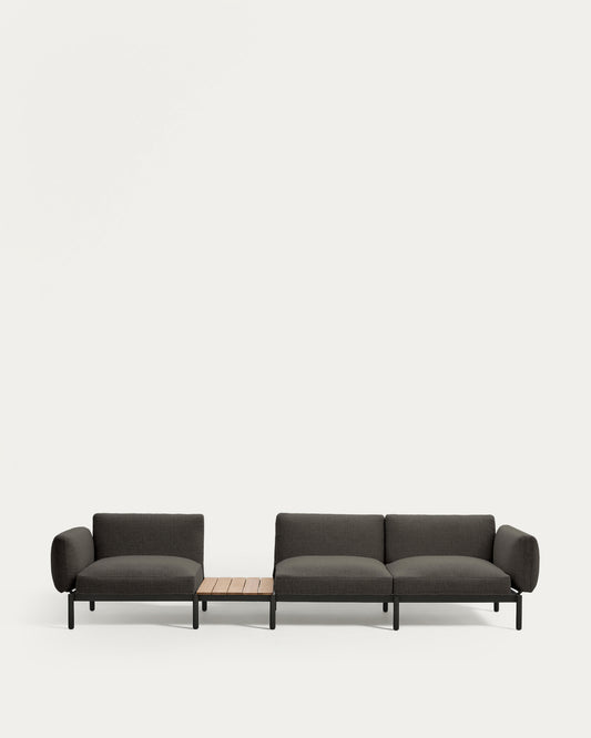 Canapé modulable d'extérieur Sorells 3 places revêtement gris et aluminium gris accompagné d’une table en teck 341 x 113 cm FSC 100 %