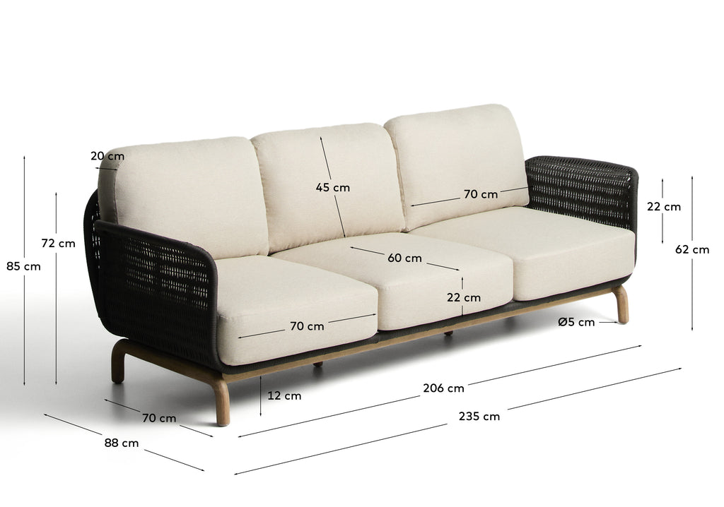 Canapé 3 places Alipa en bois d’acacia et corde gris foncé 235 cm FSC 100%