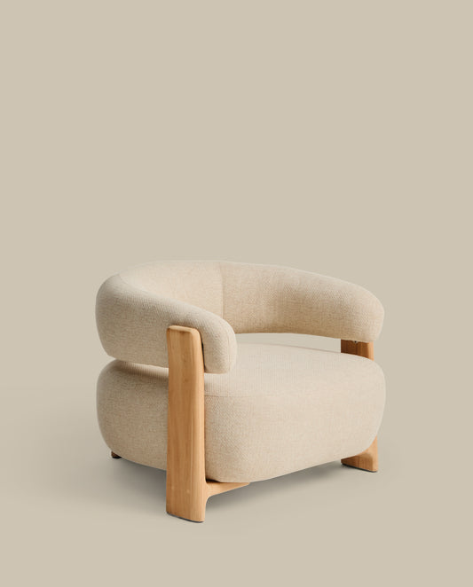 Fauteuil d’extérieur Granite beige avec pieds en bois de teck finition ton naturel FSC 100 %