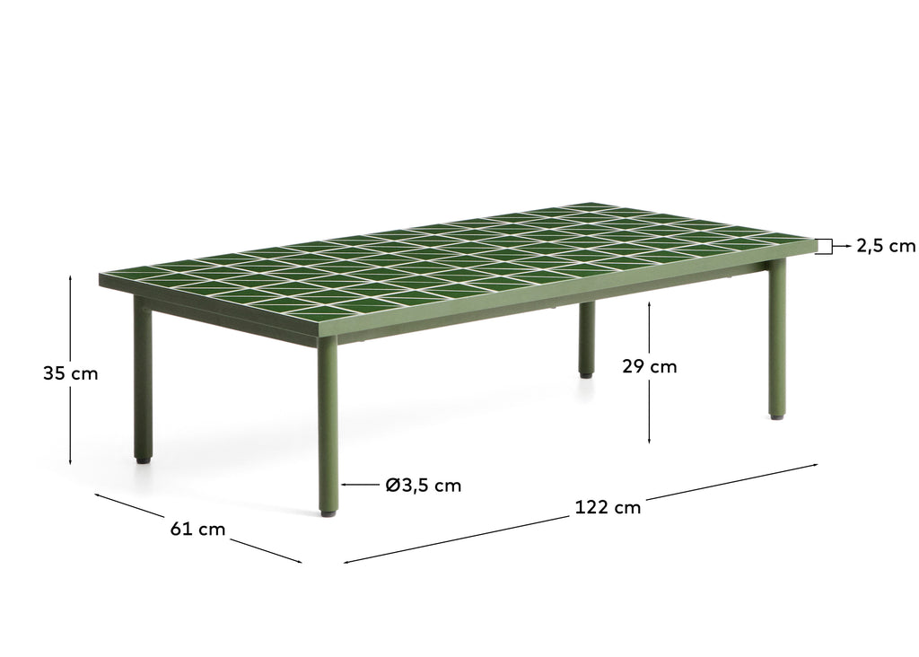 Table basse Maurina en acier galvanisé vert et céramique verte 122 x 61 cm