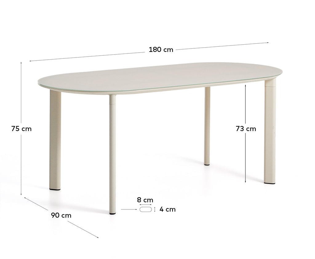 Table ovale Erice en aluminium et verre trempé écru 180 x 90 cm