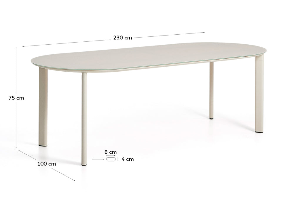 Table ovale Erice en aluminium et verre trempé écru 230 x 100 cm
